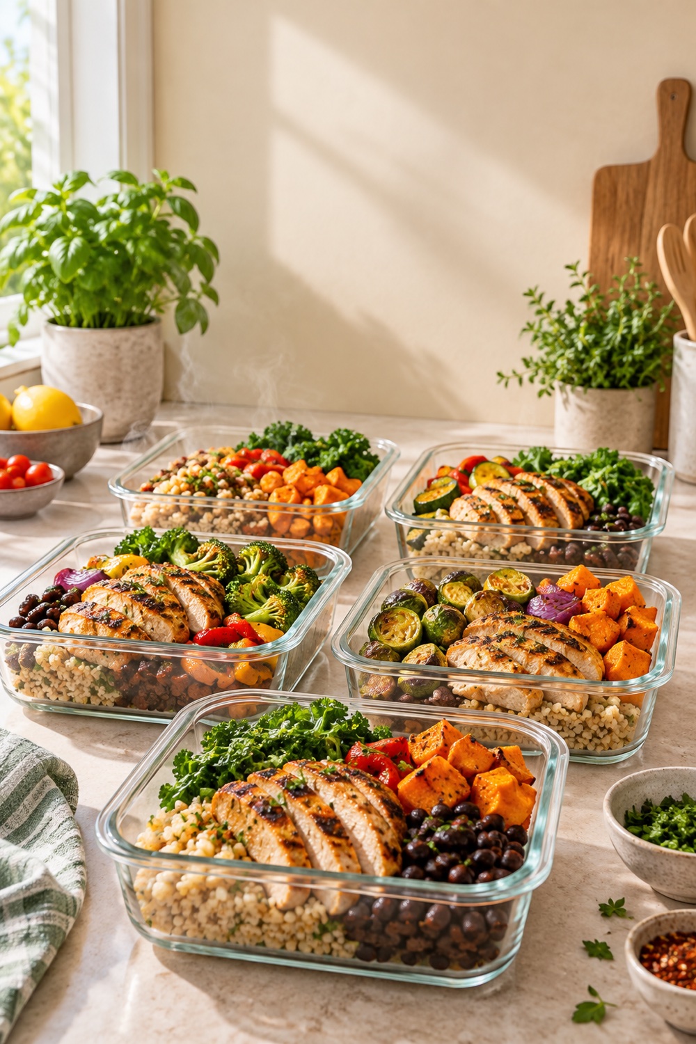 Marmitas coloridas e organizadas com frango, arroz, legumes, carne, purê e salada